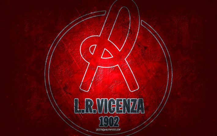 LR Vicenza, italienskt fotbollslag, r&#246;d bakgrund, LR Vicenza -logotyp, grungekonst, Serie B, fotboll, Italien, LR Vicenza -emblem, Vicenza Calcio