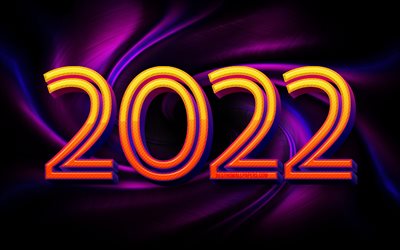 4k, 2022 keltaista 3D -numeroa, hyv&#228;&#228; uutta vuotta 2022, violetti py&#246;rre tausta, 2022 k&#228;sitteet, lasten taide, 2022 uusi vuosi, 2022 violetti tausta, 2022 vuoden numerot