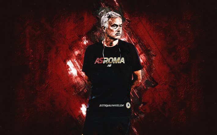 Jose Mourinho, AS Roma, entra&#238;neur de football portugais, entra&#238;neur de l&#39;AS Roma, art Jose Mourinho, fond de pierre bordeaux, football