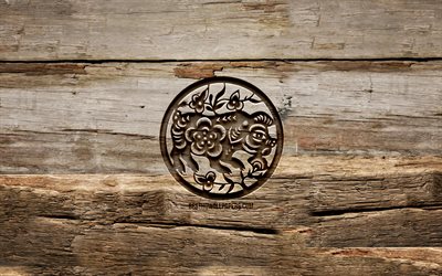Signe du zodiaque cochon, 4k, zodiaque chinois, signes de sculpture, calendrier chinois, zodiaque cochon, arrière-plans en bois, signes du zodiaque chinois, créatif, cochon