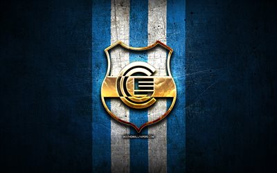 Gimnasia y Esgrima FC, 金色のロゴ, プリメーラナシオナル, 青い金属の背景, フットボール。, アルゼンチンのサッカークラブ, CA Gimnasia yEsgrimaロゴ, サッカー, CA Gimnasia y Esgrima, アルゼンチン, Gimnasia y Esgrima de Jujuy