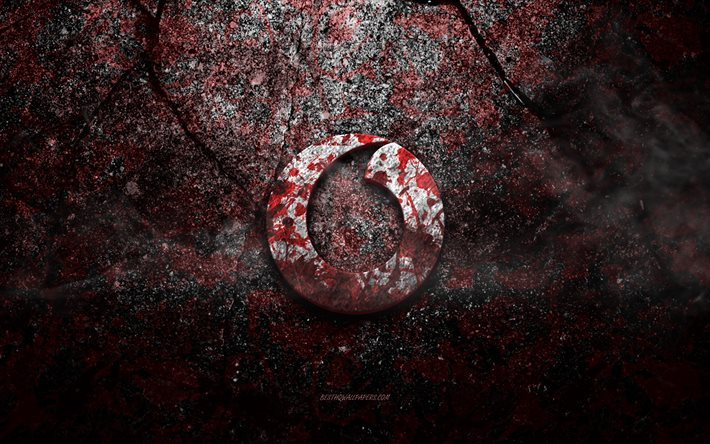 Logo Vodafone, art grunge, logo pierre Vodafone, texture pierre rouge, Vodafone, texture pierre grunge, embl&#232;me Vodafone, logo Vodafone 3d