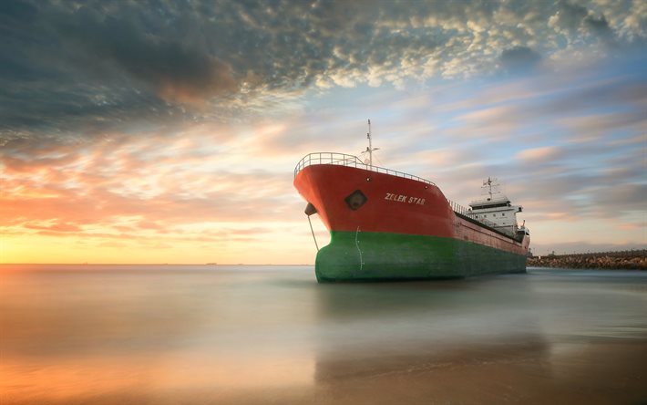 Zelek Star, 4k, sunset, 貨物船, LKW, 軸形質流動, 一般貨物, 血管, 座礁した船