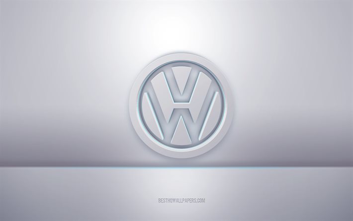 Logo bianco 3d Volkswagen, sfondo grigio, logo Volkswagen, arte 3d creativa, Volkswagen, emblema 3d