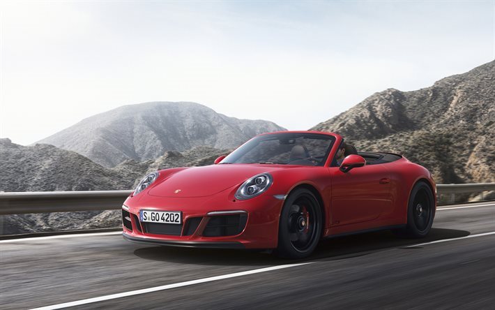 Porsche 911 GTS, 2018, red Porsche, 911 convertible, road, speed