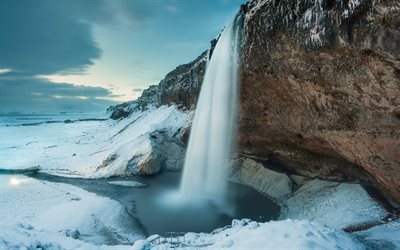 waterfall, snow, winter, Iceland, River