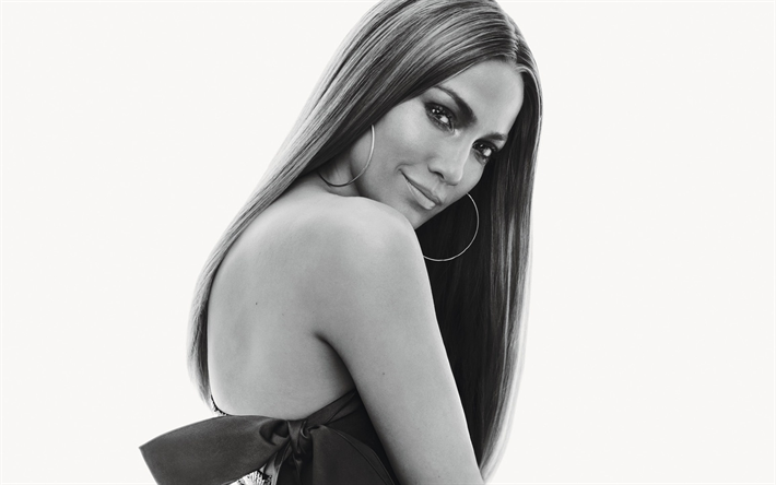 JLo, Jennifer Lopez, siyah beyaz portre, Amerikalı şarkıcı, 4k, g&#252;l&#252;mseme