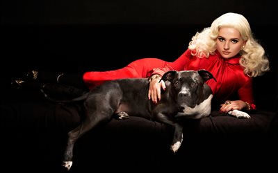 Abigail Breslin, American actress, photo shoot, red dress, beautiful woman, american pit bull terrier