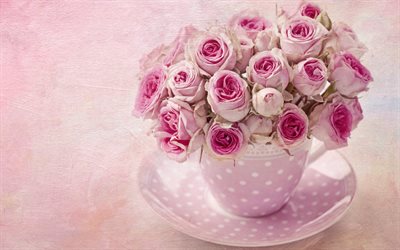 ピンク色のバラ, ブーケのバラの花, レトロスタイル, 花人物文花瓶