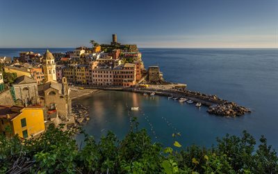 Vernazza, Ligurian Sea, resort, little town, sunset, seascape, Mediterranean Sea, Liguria, Cinque Terre, Italy