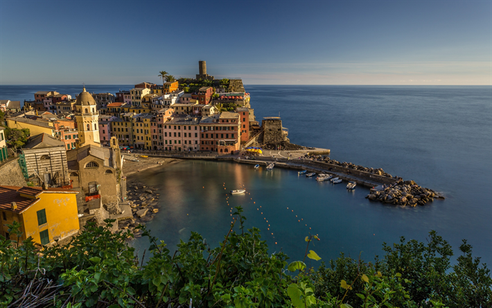 Vernazza, Mar de Liguria, localidad, ciudad, puesta del sol, paisaje marino, Mar Mediterr&#225;neo, Liguria, cerde&#241;a, Italia