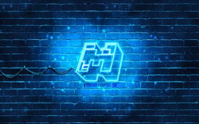 Minecraft blue logo, 4k, blue brickwall, Minecraft logo, 2020 games, Minecraft neon logo, Minecraft