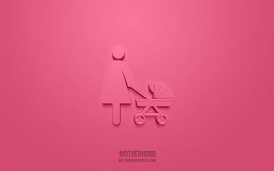 Icona 3d maternit&#224;, sfondo rosa, simboli 3d, maternit&#224;, icone famiglia, icone 3d, segno maternit&#224;, icone famiglia 3d
