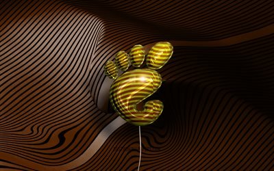 Gnome3Dロゴ, 4K, Linux, 金色のリアルな風船, OS, Gnomeロゴ, 茶色の波状の背景, GNOME