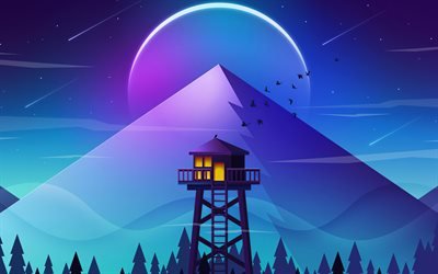 4k, abstract nightscapes, moon, mountains, fire tower, nightscapes minimalism, creative, abstract landscapes