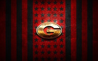 Georgia Bulldogs flag, NCAA, red black metal background, american football team, Georgia Bulldogs logo, USA, american football, golden logo, Georgia Bulldogs