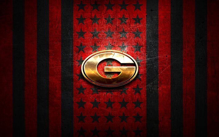 Georgia Bulldogs bandiera, NCAA, sfondo rosso metallo nero, squadra di football americano, logo Georgia Bulldogs, USA, football americano, logo dorato, Georgia Bulldogs