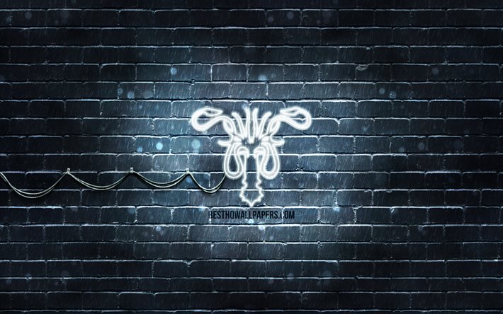 Emblema della casa Greyjoy, 4k, muro di mattoni grigio, Game Of Thrones, opere d&#39;arte, case di Game of Thrones, logo della casa Greyjoy, casa Greyjoy, icone al neon, insegna della casa Greyjoy
