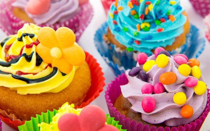 muffin, dolci, prodotti da forno, muffin con crema colorata, crema viola, crema gialla