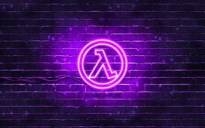 Logotipo violeta do Half-Life, 4k, parede de tijolos violeta, logotipo do Half-Life, jogos de 2020, logotipo do n&#233;on do Half-Life, Half-Life