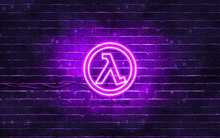 Half-Life violetti-logo, 4k, violetti tiilisein&#228;, Half-Life-logo, 2020-pelit, Half-Life-neon-logo, Half-Life