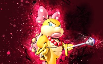Wendy O Koopa, 4k, dinosauro dei cartoni animati, luci al neon viola, Super Mario, creativo, personaggi di Super Mario, Wendy O Koopa Super Mario