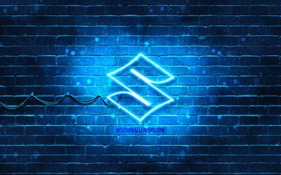 Suzuki blue logo, 4k, blue brickwall, Suzuki logo, cars brands, Suzuki neon logo, Suzuki