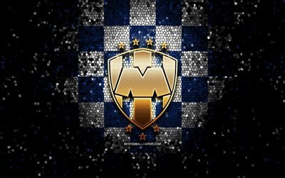 Monterrey FC, glitter logo, Liga MX, blue white checkered background, soccer, mexican football club, Monterrey logo, mosaic art, football, CF Monterrey
