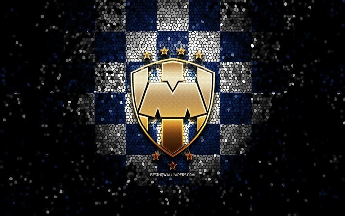 Monterrey FC, logo de paillettes, Liga MX, fond damier blanc bleu, football, club de football mexicain, logo de Monterrey, art de la mosa&#239;que, CF Monterrey