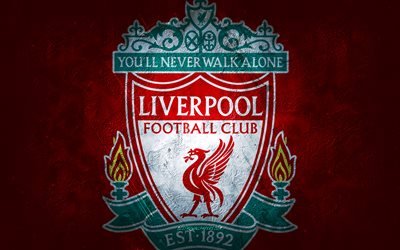 Liverpool FC, club de football anglais, fond de pierre rouge, logo Liverpool FC, art grunge, Premier League, football, Angleterre, embl&#232;me de Liverpool FC