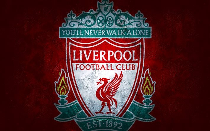 Liverpool FC, İngiliz futbol kul&#252;b&#252;, kırmızı taş arka plan, Liverpool FC logosu, grunge sanat, Premier Lig, futbol, İngiltere, Liverpool FC amblemi