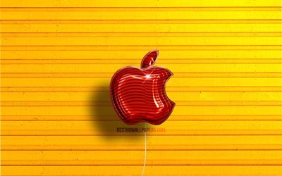 Logo Apple, 4K, palloncini realistici rossi, marchi, logo Apple 3D, sfondi in legno gialli, Apple