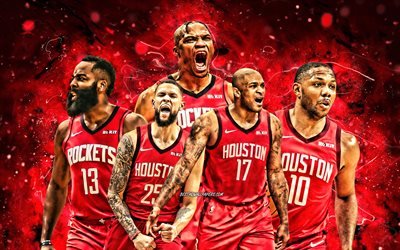 James Harden, Russell Westbrook, Austin Rivers, PJ Tucker, Eric Gordon, 4k, Houston Rockets, basket, NBA, squadra Houston Rockets, luci al neon rosse, stelle del basket