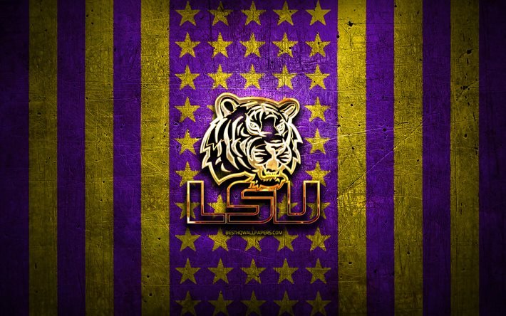 Bandiera LSU Tigers, NCAA, sfondo di metallo giallo viola, squadra di football americano, logo LSU Tigers, USA, football americano, logo dorato, Tigri LSU
