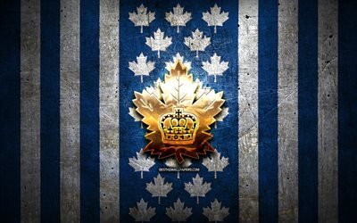 Toronto Marlies -lippu, AHL, sininen valkoinen metalli tausta, kanadalainen j&#228;&#228;kiekkojoukkue, Toronto Marlies -logo, Kanada, j&#228;&#228;kiekko, kultainen logo, Toronto Marlies