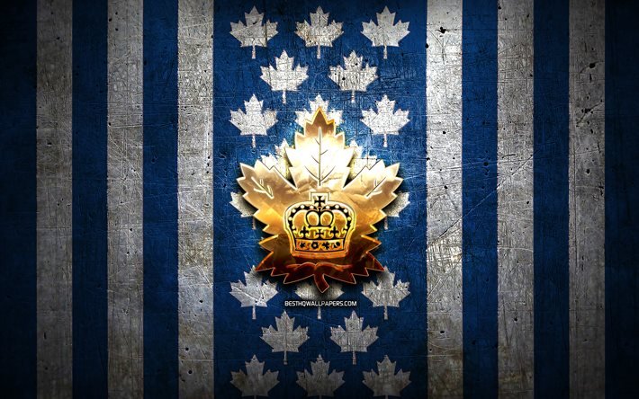 Toronto Marlies flag, AHL, blue white metal background, canadian hockey team, Toronto Marlies logo, Canada, hockey, golden logo, Toronto Marlies