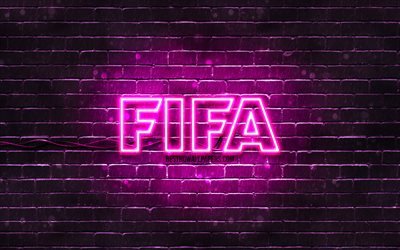 FIFA purple logo, 4k, purple brickwall, FIFA logo, football simulator, FIFA neon logo, FIFA