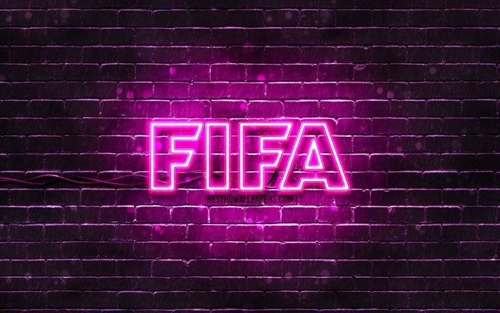 FIFAパープルロゴ, 4k, 紫ブリックウォール, FIFAロゴ, サッカーシミュレーター, FIFAネオンロゴ, 国際サッカー連盟