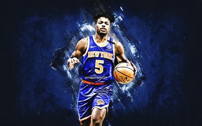 Dennis Smith Jr, New York Knicks, NBA, American basketball player, basketball, blue stone background