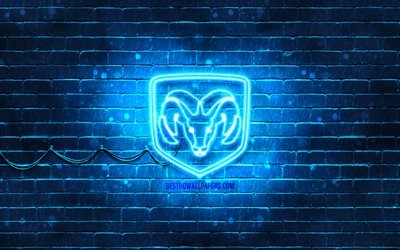 dodge blue logo, 4k, blaue backsteinmauer, dodge logo, automarken, dodge neon logo, dodge