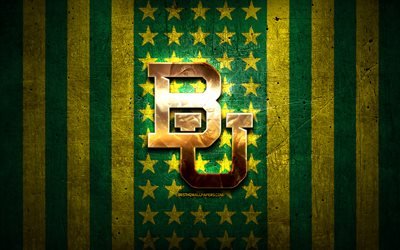 Bandiera Baylor Athletics, NCAA, sfondo verde giallo in metallo, squadra di football americano, logo Baylor Athletics, USA, football americano, logo dorato, Baylor Athletics