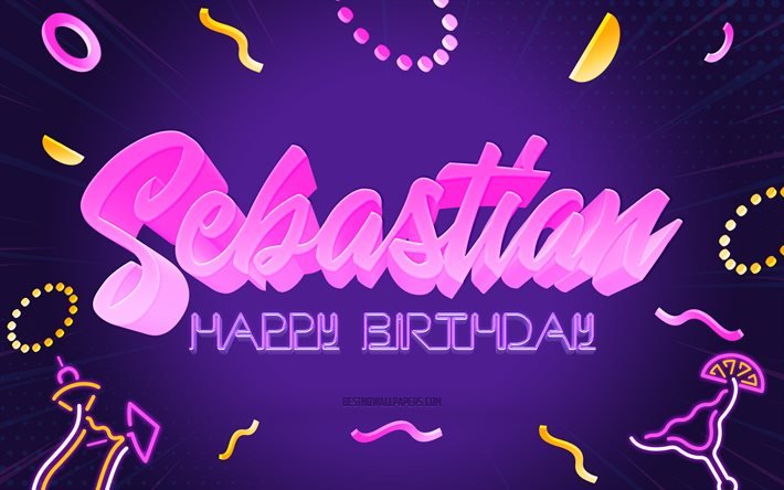 お誕生日おめでとうセバスチャン, 4k, 紫のパーティーの背景, セバスチアンCity in Florida USA, クリエイティブアート, セバスチャンの誕生日おめでとう, セバスチャンの名前, セバスチャンの誕生日, 誕生日パーティーの背景