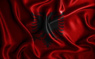 Bandiera albanese, 4k, bandiere ondulate di seta, paesi europei, simboli nazionali, bandiera dell&#39;Albania, bandiere in tessuto, bandiera Albania, arte 3D, Albania, Europa, bandiera Albania 3D