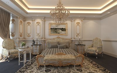 classic bedroom style, stylish interior design, bedroom, gold ornaments on the walls, classic chandelier, classic style bedroom project, luxury bedroom interior