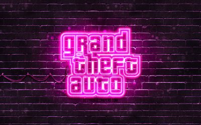 Logo violet GTA, 4k, brickwall violet, Grand Theft Auto, logo GTA, logo n&#233;on GTA, GTA, logo Grand Theft Auto
