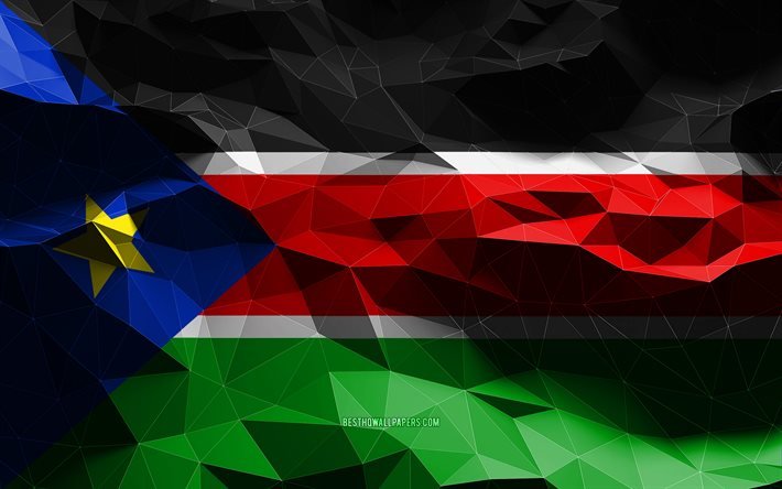 4k, drapeau sud-soudanais, art low poly, pays africains, symboles nationaux, drapeau du Soudan du Sud, drapeaux 3D, Soudan du Sud, Afrique, drapeau 3D du Soudan du Sud