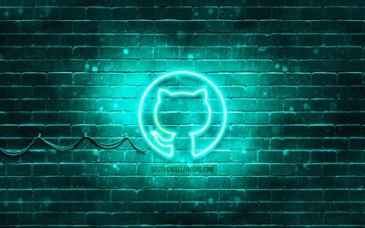 Logo Github turquoise, 4k, brickwall turquoise, logo Github, r&#233;seaux sociaux, logo n&#233;on Github, Github