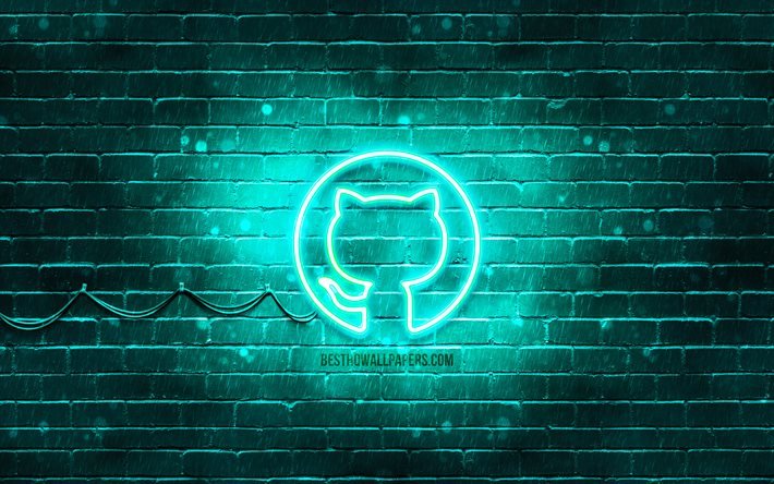 Github turkuaz logosu, 4k, turkuaz brickwall, Github logosu, sosyal ağlar, Github neon logosu, Github