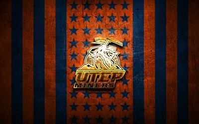 علم UTEP Miners, NCAA, برتقالي أزرق معدن الخلفية, كرة القدم الأمريكية, شعار UTEP Miners, الولايات المتحدة الأمريكية, الشعار الذهبي, عمال مناجم UTEP