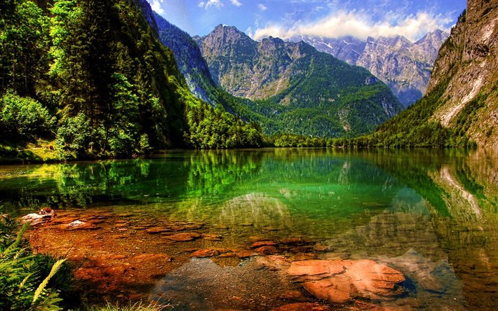 Lake Konigssee, summer, mountains, beautiful nature, Bavaria, Germany, Europe, HDR, Berchtesgadener Land